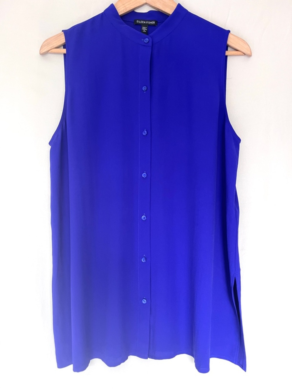 Eileen Fisher 100% Silk Georgette Sleeveless Longline Blouse Cobalt Blue S